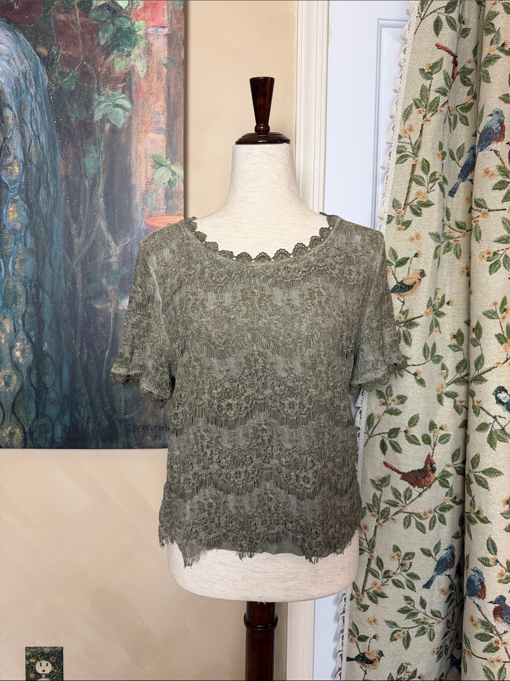 Whimsigoth Vintage 90's Women's Olive Lace Short-Sleeve Top